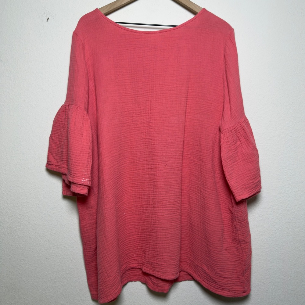 Bryn Walker Women 100% Cotton Top Large Pink Bell Sleeve Gauze Blouse Lagenlook